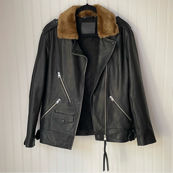 All Saints Jackets & Blazers - AllSaints Sherwood Leather Biker Jacket Black w/ Faux Fur Collar Size Medium